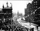 View: s03299 Royal visit of King Edward VII and Queen Alexandra, High Street, Fitzalan Market Hall, left, King's Head Hotel, right