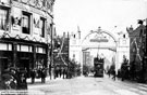 Decorations on Waingate, looking towards Lady's Bridge, for the royal visit of King Edward VII and Queen Alexandra. Lady's Bridge Hotel, Bridge Street, left