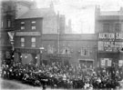 View: s03334 Celebrations for the coronation of King Edward VII, Fargate. Premises include No. 33 John B. Eaton, hosier and No. 35 Old Red House Inn