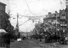 View: s03372 Decorations for Queen Victoria's visit on The Wicker showing (right) No. 14 Corner Pin Hotel