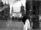 View: s03373 Decorations for Queen Victoria's visit, Pinstone Street looking towards St. Paul C. of E. Church