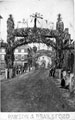 View: s03413 Royal visit of Prince and Princess of Wales, decorations at Market Place looking towards High Street, Fitzalan Market Hall, right