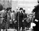 Royal visit of Edward Prince of Wales arriving with Lord Mayor Willian Carter Fenton at Walker and Hall Ltd., Electro Works, Eyre Street. Old  Public Library in background