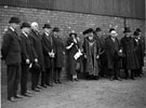 Royal visit of Edward, Prince of Wales, at Hadfields Co. Ltd., East Hecla Works. Group includes Lord Mayor, William Carter Fenton and Sir Robert Hadfield on Prince Edward's, left