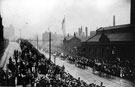 View: s03506 Royal visit of King Edward VII and Queen Alexandra, Sheaf Street from Sheffield Midland railway station with  Sheffield Electric Light and Power Company Ltd. and George Senior and Sons Ltd., Ponds Forge, steel manufacturers, right