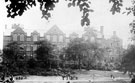 Sheffield University from Weston Park. Opened 12th July, 1905 by King Edward VII and Queen Alexandra. Cost ú123,000. Built of brick and stone in Late Tudor Gothic style. Architect, Edward Mitchell Gibbs