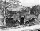 Derwent Packhorse Bridge, Derwent Village, now at Slippery Stones. Bridge End Farm in background. Sketch by the artist Martin Davenport