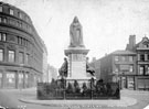 Queen Victoria Statue, Town Hall Square and (left) Johnson and Appleyards Ltd., cabinet makers (later Wilson Peck), elevated view of Town Hall Square looking towards Fargate, Town Hall Square rockery, foreground, No. 66 Fleur de Lis public house and Queen Victoria Statue, Town Hall Square and (left) Johnson and Appleyards Ltd., cabinet makers (later Wilson Peck), elevated view of Town Hall Square looking towards Fargate, Town Hall Square rockery, foreground, No. 66 Fleur de Lis public house and