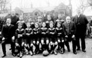 View: s09344 Wadsley National School, football team in front of Hannah Rawson's Almshouses, Worrall Road, 1912/13
