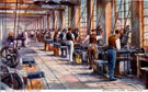 Edge tool manufacture, cutting files by machinery at Cammell Laird and Co. Ltd., during WWI