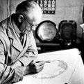 Tom Rollinson sketching a design for a silver dish, Atkin Brothers, silversmiths, Truro Works, Matilda Street, 