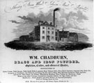 Advertisement for William Chadburn, brass and iron founder, Nursery Steam Wheel, junction of Stanley Street (left) and Johnson Street. Works also known as Shiloh Works
