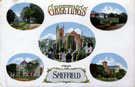 Postcard depicting views of Sheffield, Weston Park, Botanical Gardens, University of Sheffield, Fulwood Church and Ecclesall Church
