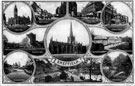 Postcard depicting views of Sheffield, City Centre, Botanical Gardens, Beauchief Abbey, Hillsborough Park and Firth Park
