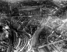 Aerial view - Victoria Station (top left) Bridgehouses Station, Corporation Street Bridge and Iron Bridge Footbridge over the River Don (bottom of picture) Lady's Bridge, Nursery Street and The Wicker