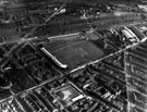 Aerial view - Bramall Lane Football and Cricket Ground, Denby Street Nursery in foreground, St. Mary's Church and Britannia Brewery, left, Hill Street and Anchor Brewery, right, Shoreham Street in background