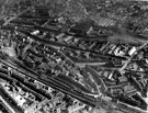 Aerial view - Mowbray Street, Harvest Lane and Neepsend Lane (centre of picture) showing St. Michael and All Angels Church, Neepsend Lane, Steel Works, Mowbray Street, L.N.E.Railway, River Don, Kelham Island