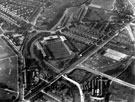 Aerial view - Penistone Road, Leppings Lane, Sheffield Wednesday Football Ground, Leppings Lane Bridge and Little Bridge over the River Don