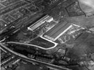 Aerial view - Davy and United Engineering Works, roads including Prince of Wales Road and Halsall Road (bottom of picture), Main Road (top of picture) also showing Sewage Works (top right), L.N.E.Railway, Car Brook and Allotments (bottom of picture) 