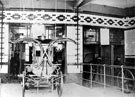View: s12465 Stables inside West Bar fire station, with horses, Charlie, Totley (purchased 18th March 1912), Vulcan and Prince with the Swinging Snap Harness
