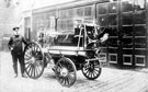 View: s12474 Superintendant William Frost and a horse drawn steam boiler outside West Bar fire station