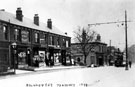 Abbeydale Road meets Abbeydale Road South, Archer Road on left, Millhouses, Tram Terminus and Tram 32, Shops (left-right) Hay and Son, wine merchant, Millhouses Post Office (993), confectioners (995), drapers, grocers (999), grocers (No.1)