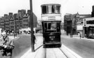 Angel Street, Tram 497, Snig Hill and Corporation Buildings, background. Buildings (back right) are Duncan Gilmour's, Lady's Bridge Brewery, Water Lane
