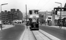 Angel Street, Tram 42, Snig Hill and Corporation Buildings, background, Brightside and Carbrook Co_Op (Castle House No. 1) on right, Buildings (back right) are Duncan Gilmour's, Lady's Bridge Brewery, Water Lane