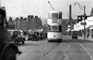 Angel Street, Tram 521, Snig Hill and Corporation Buildings in background, Chimney belongs to Duncan Gilmour's, Lady's Bridge Brewery