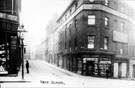 Bank Street, Angel Street, left, Snig Hill, right, F.C. Webb, hosier, glover and shirt maker, No. 29 Angel Street and No. 1 Bank Street, Tyler and Co., tobacconists, No. 2 Bank Street, right