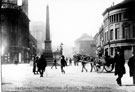Jubilee Monolith, Town Hall Square looking towards Barkers Pool and continuation of Fargate. Note cabman's shelter behind Monolith, Nos. 78 - 82 Fargate, Johnson and Appleyards Ltd., cabinet makers etc.