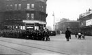 View: s13285 Boy Scouts assembled in Town Hall Square towards Barkers Pool, William Timpson Ltd., shoe shop on left, J. Lyons and Co. Ltd., dining and tea rooms on corner