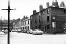 Derelict buildings at the junction of Bath Street and Headford Street, Cutlery Works belonging to Viner's Ltd., electro plate manufacturers, can be seen at bottom of street