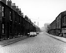 Terraced housing, Berkley Road, Attercliffe looking towards Attercliffe Common and Berkley Street, with E.S.C. Gun Shop in the background