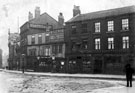 View: s13694 High Street prior to street-widening of 1896, No. 2 Thatched House Tavern and restaurant, No. 4 J. Preston, chemist, No. 6 William Lewis, tobacconist, No. 8 White Bear Inn, Nos. 10 - 14 William Foster and Son Ltd., tailors