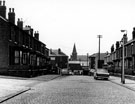 Brinsworth Street, looking towards Attercliffe Road and Zion Congregational Church, junction of Whiston Street (left) and building in Deakin Square visible on right behind first telegraph pole