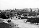 View: s13803 Broad Street from Snow Hill looking towards the City Centre, including J.H. Mudford and Sons, rope and twine manufacturers and Cricket Inn Road, right, note the hydraulic power tower of City Goods Station behind the chimney and Wharf Street Goods Dep