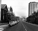 Cemetery Road, Lansdowne Flats, right, Cemetery Road Meeting Hall, left, towers belong to the Baptist Church
