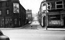 Copper Street, Netherthorpe looking towards Furnace Hill, showing Assembly of God (centre), No. 213 Sheffield Shears Co. Ltd., shear manufacturers Esesco Works and Truline Bras Ltd., brassiere manufacturers, No 217 (former Greyhound PH) Gibraltar