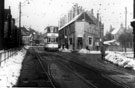 Tram travelling along Crookes with No. 100 Crookes Post Office and tram tracks to Pickmere Road Tram Depot (right), Crookes Endowed Schools (left)