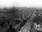View: s14711 Elevated view looking towards the site of Wicker goods yard and Savile Street, Attercliffe, showing Midland Railway Goods Offices (bottom left), T.W.Wards (right) Cyclops Works in the background (left) and Atlas Works (centre)