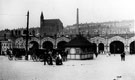 View: s14727 Sheaf Street outside Sheffield Midland railway station, horse drawn carriages in foreground, St Lukes Church in background