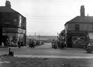 Cumberland Street from The Moor, before cleared for Cumberland Way, No. 133 The Moor, J. and F. Stone Ltd., lighting and radio merchants, No. 135 John K. Fox Ltd., tobacconists