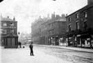 View: s14892 Division Street from Barkers Pool, 'Iron Man' public lavatory and Albert Hotel on left, Manchester Hotel (Nos 4-6 Division Street) and Water Company Offices, rear (known as Cambridge House). Row of shops on right known as Pool Place