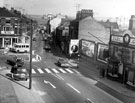 Elevated view of Ecclesall Road at junction of Hanover Street on the first day of new one way system, No 104, Ecclesall Laundry, left, No 97, Earl Grey public house, right