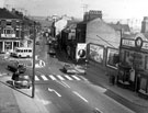 View: s15163 Elevated view of Ecclesall Road at junction of Hanover Street on the first day of new one way system, No 104, Ecclesall Laundry, left, No 97, Earl Grey public house, right