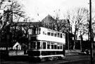 Ecclesall Road South. Tram soon to be replaced by bus on Ecclesall/Middlewood route, All Saints' Church in background