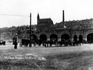 View: s15298 Sheaf Street outside Sheffield Midland railway station looking towards St. Luke's Church, showing hansom cabs in foreground