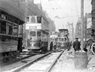 View: s15356 Tramway reconstruction on Fargate, Tram Nos. 398 and 267 in foreground
