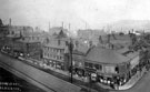 Elevated view of Exchange Street from top of Corn Exchange Buildings, Furnival Road, right, including No. 57 John C. Broomhead, hairdresser, No. 55 J.H. Mudford and Sons, rope and twine manufacturers, Nos. 51 - 53 Durham Ox public house